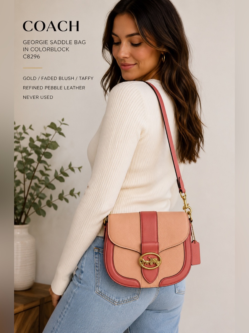 Coach Georgie Colorblock Saddle Crossbody Bag Blush Taffy Leather